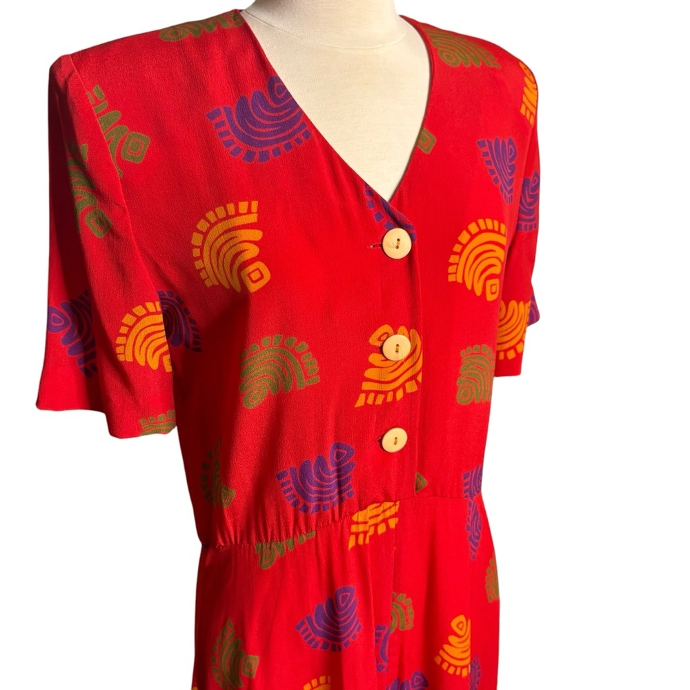 Bichon Red Midi 1/2 Button Up A Line Print Dress sz 6 - Picture 3 of 9